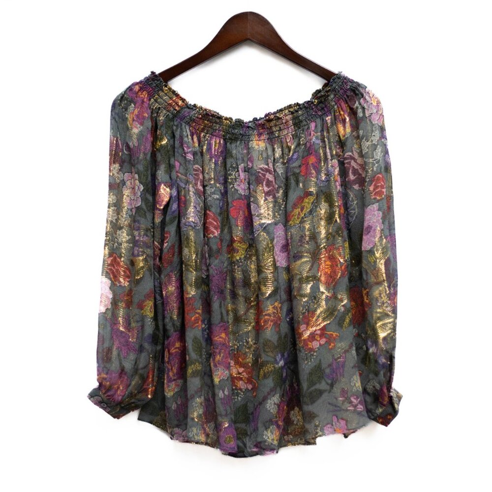 Nicole Miller Artelier M Silk Floral Boho Top Gold Metallic Off-Shoulder Blouse - Picture 8 of 11